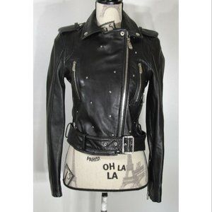 Sam Edelman Starburst Studded Crop Moto Jacket, Black Leather, Women's Size XS